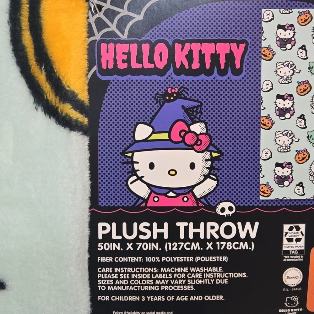Hello Kitty Green Halloween Plush Throw Blanket Frankenstein Mummy Vampire Ghost